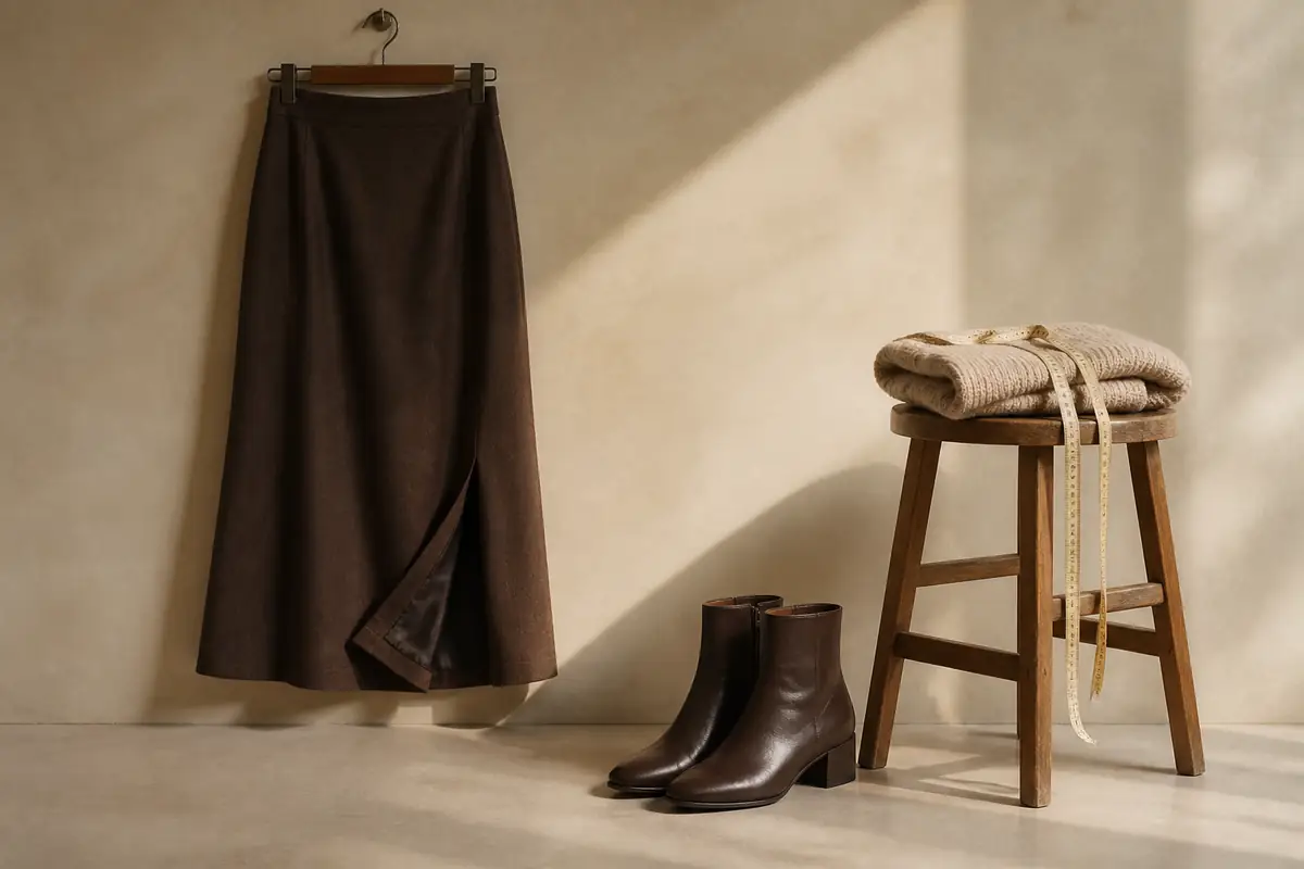 A plain midi skirt beside a measuring tape and neutral shoes