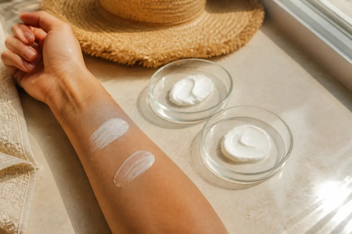 Two unbranded sunscreen textures compared on an adult forearm in natural light
