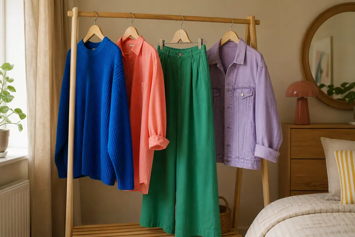 Colourful unbranded oversized casual garments on a wooden rail