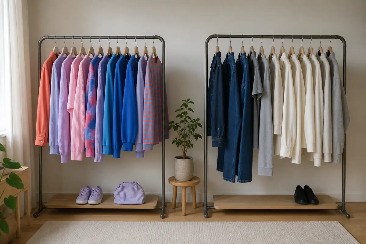 Colourful casual garments and a neutral denim edit on two unbranded rails
