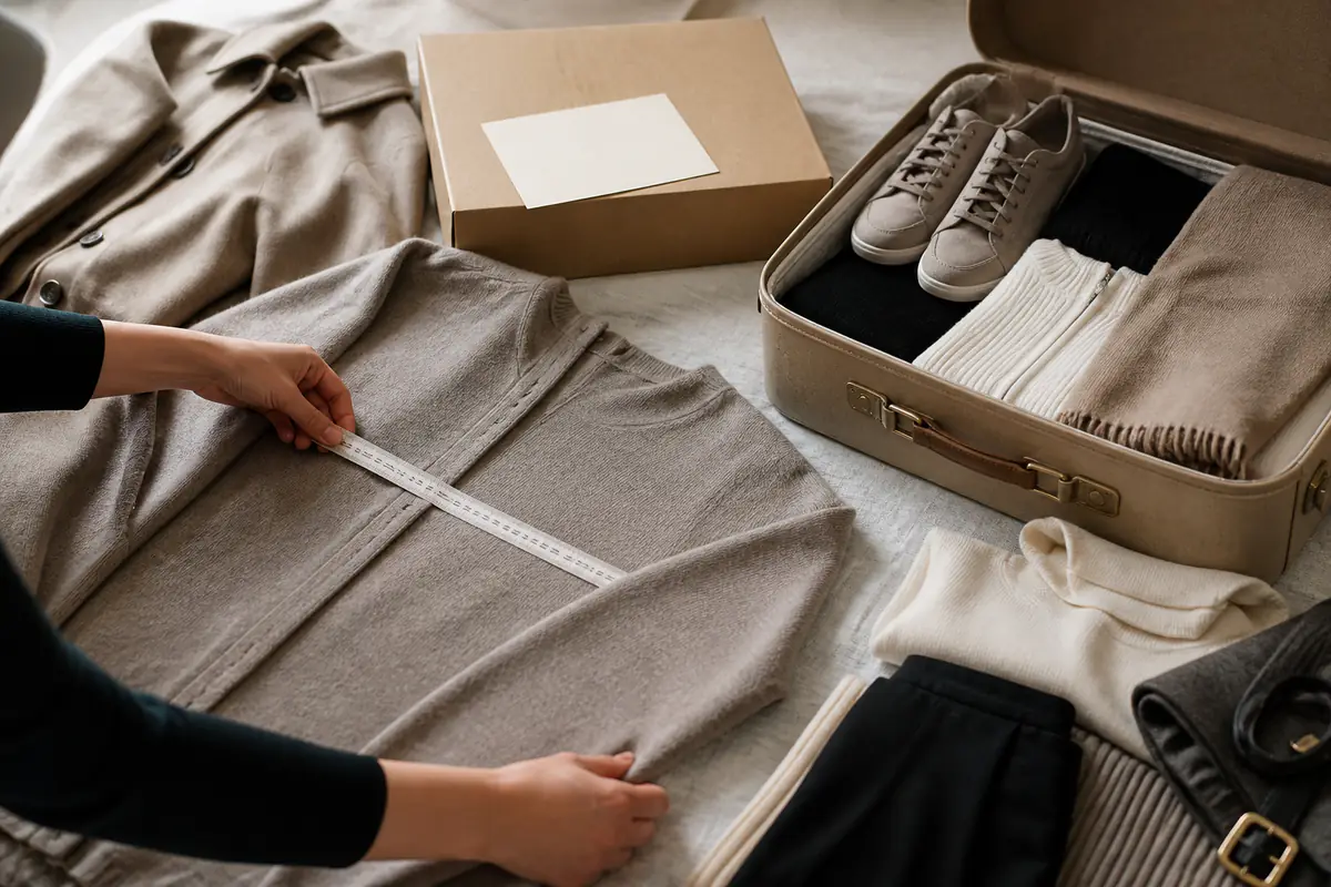 Adult hands measure a fictional unbranded premium garment beside a neutral travel wardrobe