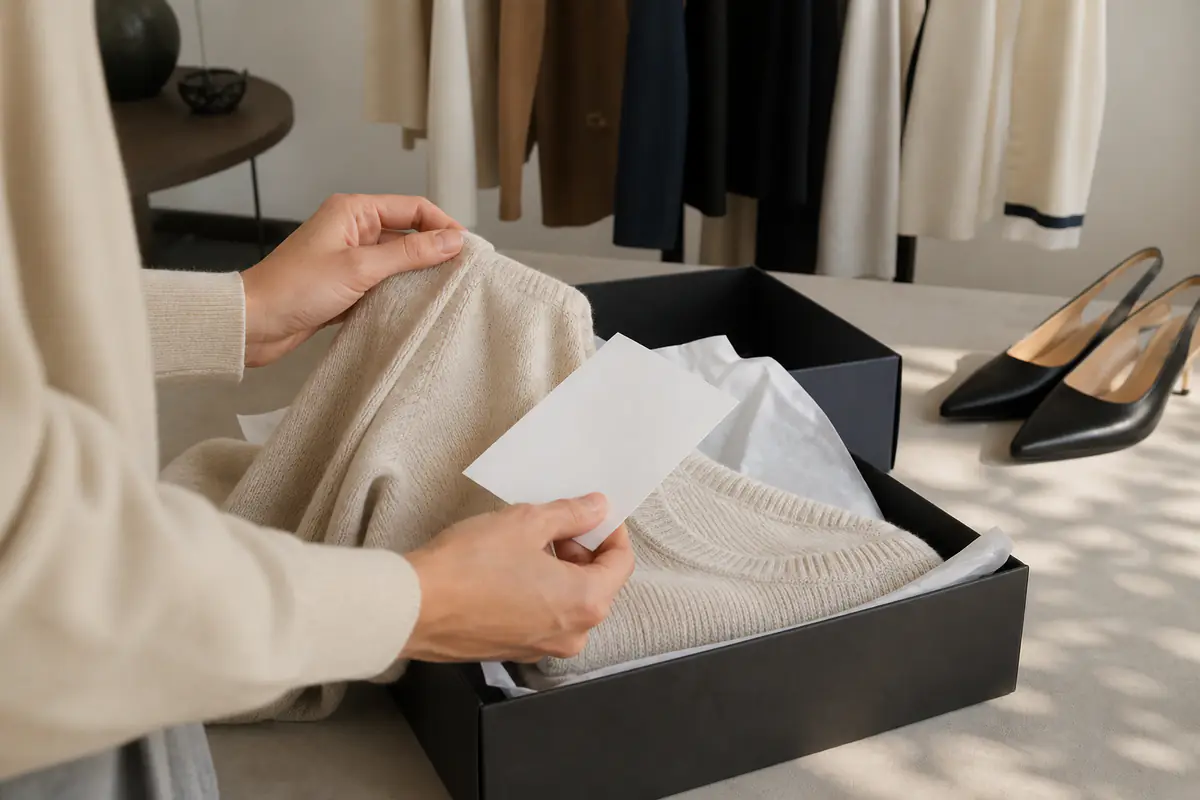 Adult hands inspect a fictional unbranded premium knit and blank return card