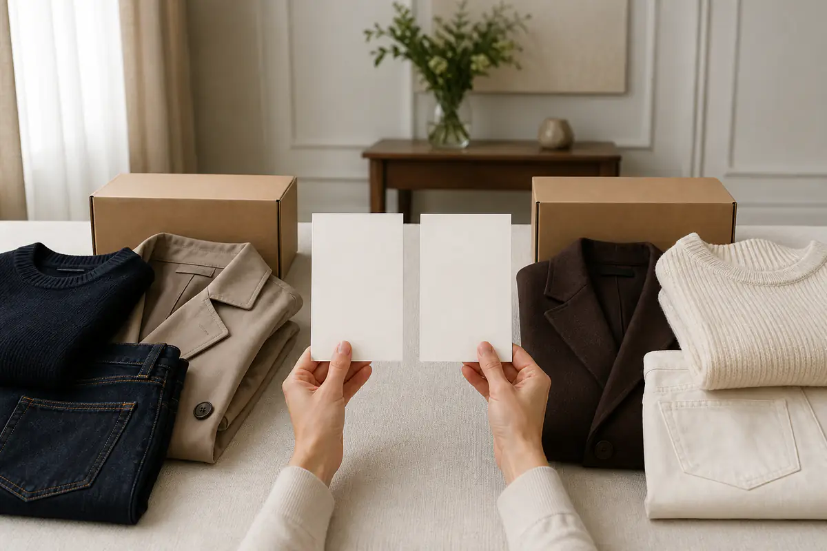 Two equal unbranded luxury-fashion selections compared with blank evidence cards