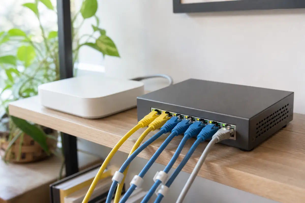 An unbranded compact Ethernet switch with plain connected network cables