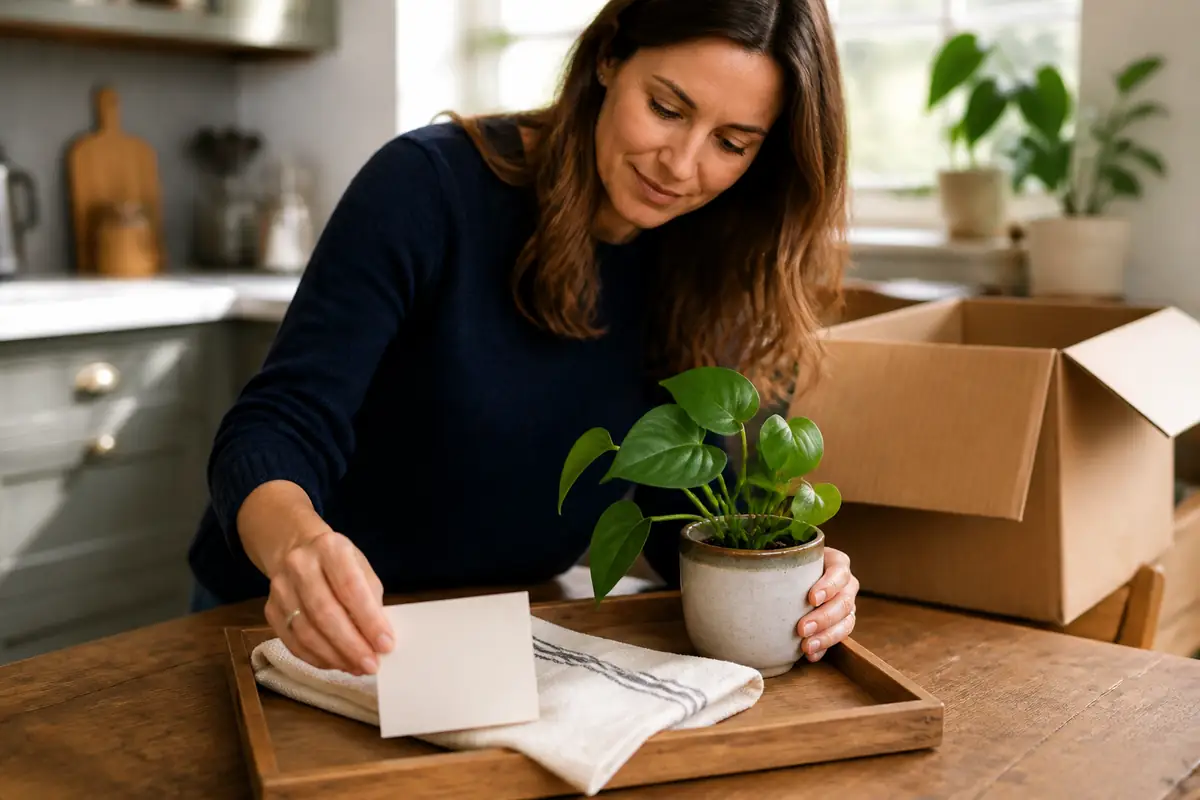An adult arranging a practical new-home gift on a wooden tray