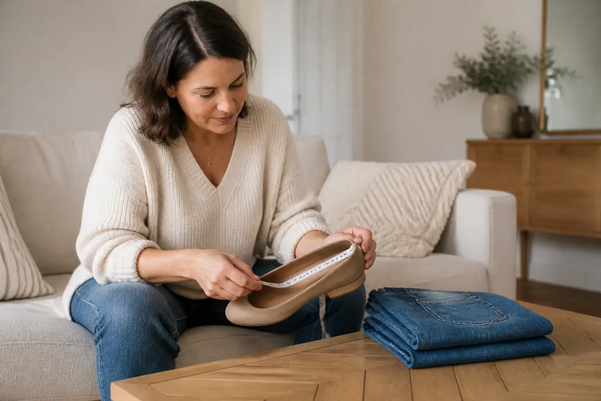 A shopper measuring an unbranded wide-fit shoe beside folded jeans