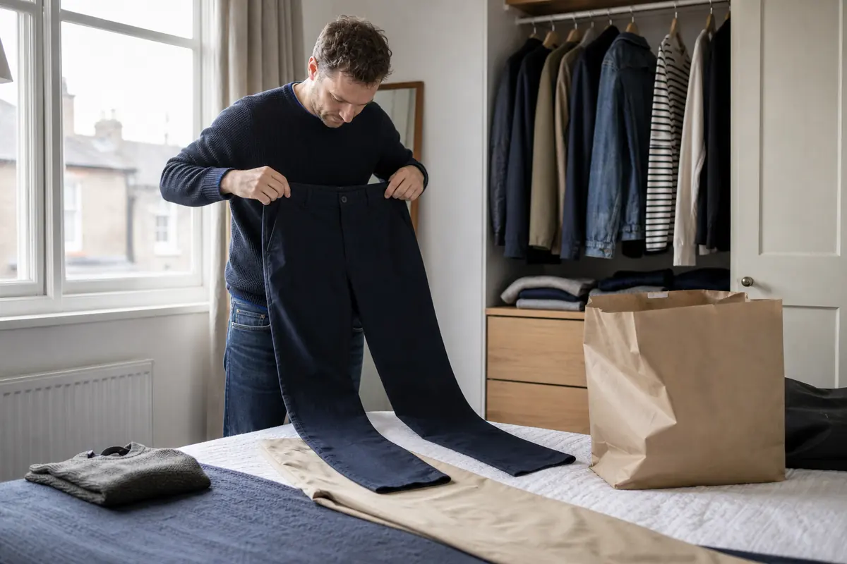 A shopper checking the fit of unbranded trousers from an online clothing order