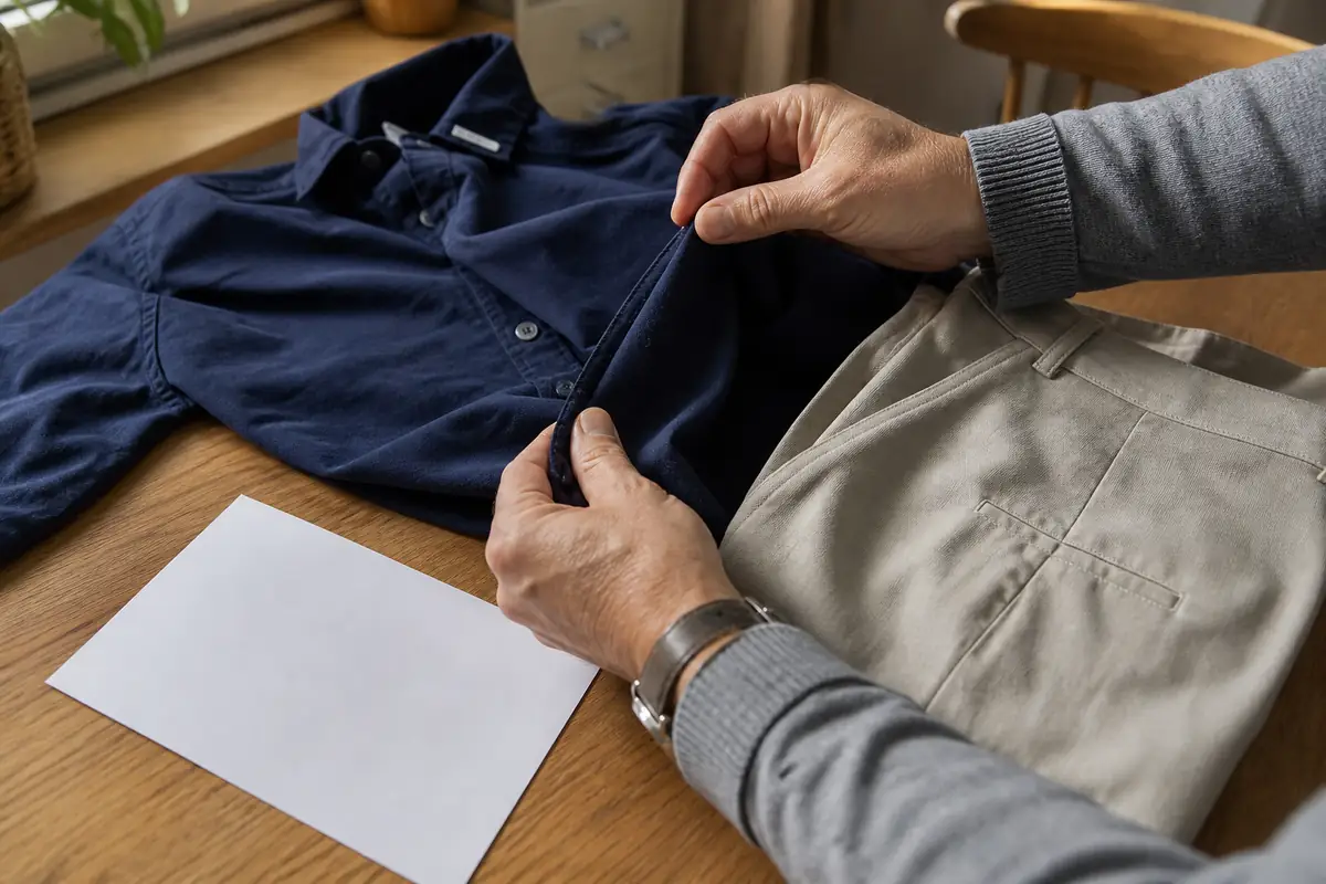 An adult inspecting the seams of plain smart-casual clothing