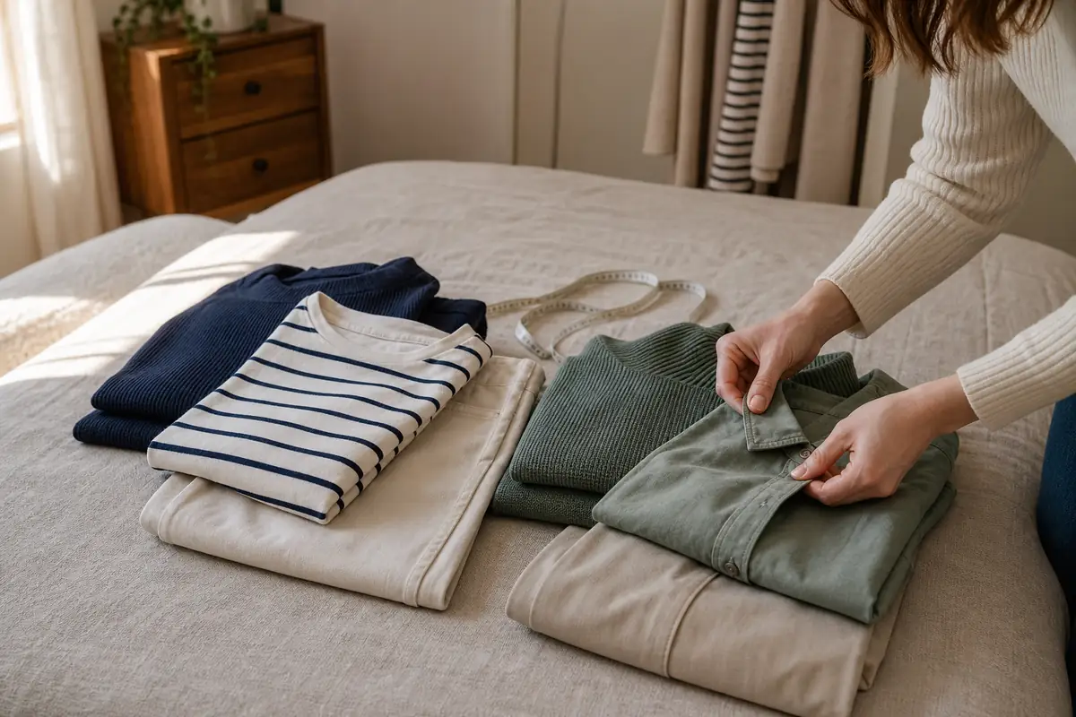 A shopper comparing the construction of two unbranded clothing outfits