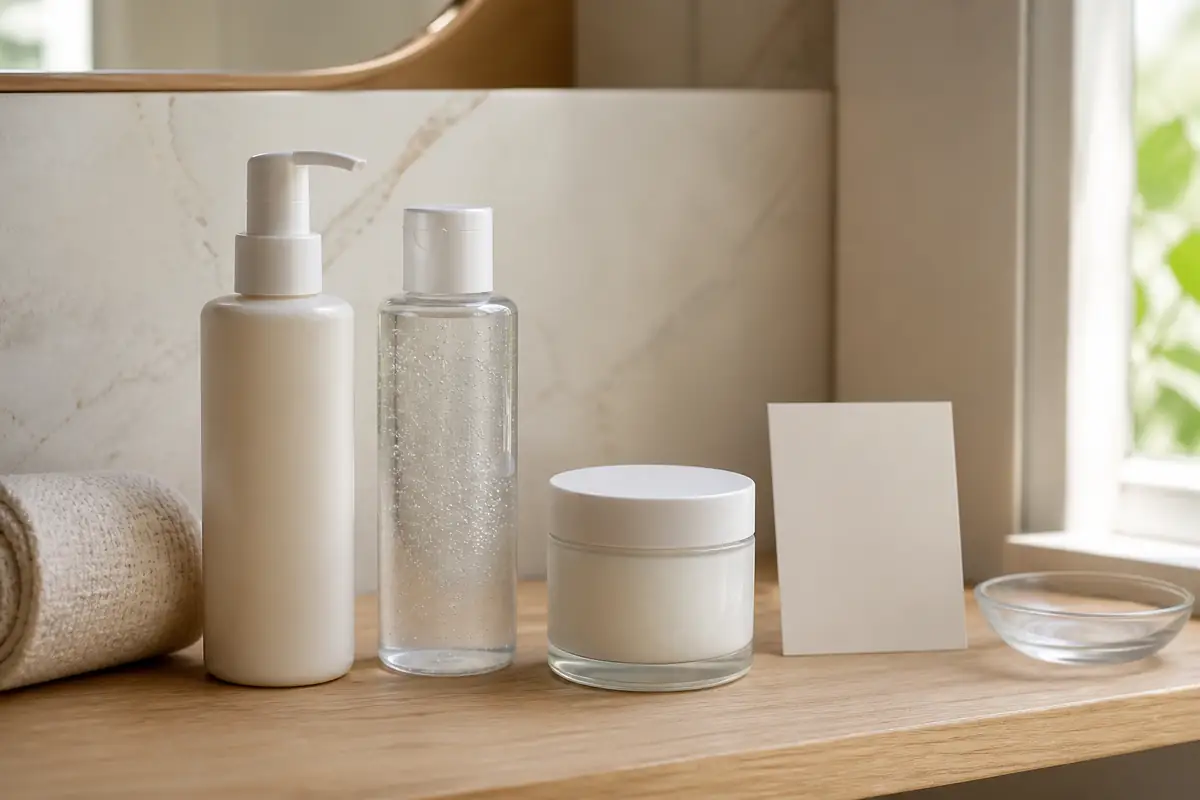 Plain unbranded skincare bottles and a cream swatch in soft natural bathroom light