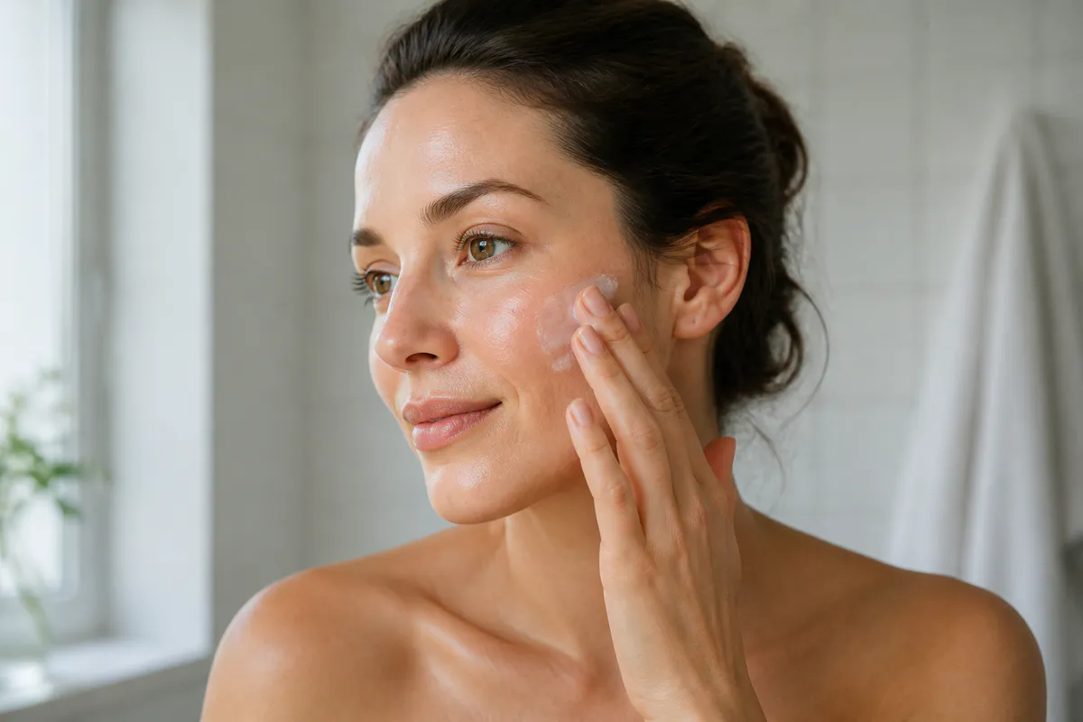An adult in soft bathroom daylight gently applying a small amount of unbranded skincare to one cheek