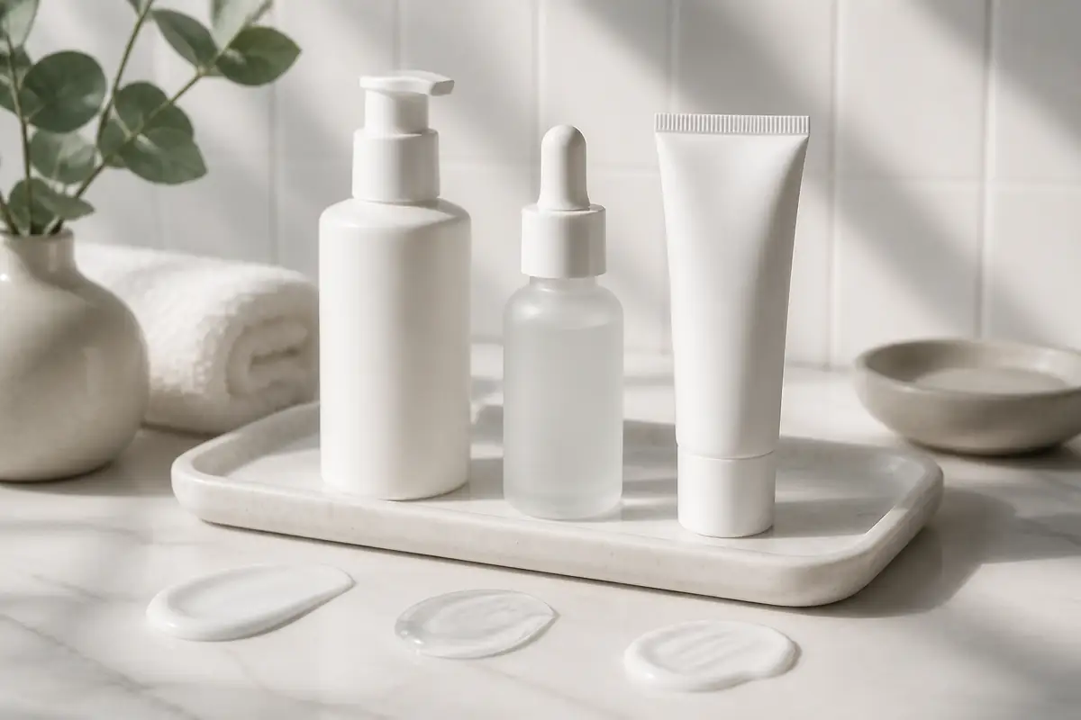 Plain unbranded skincare textures and simple blank containers arranged in soft daylight