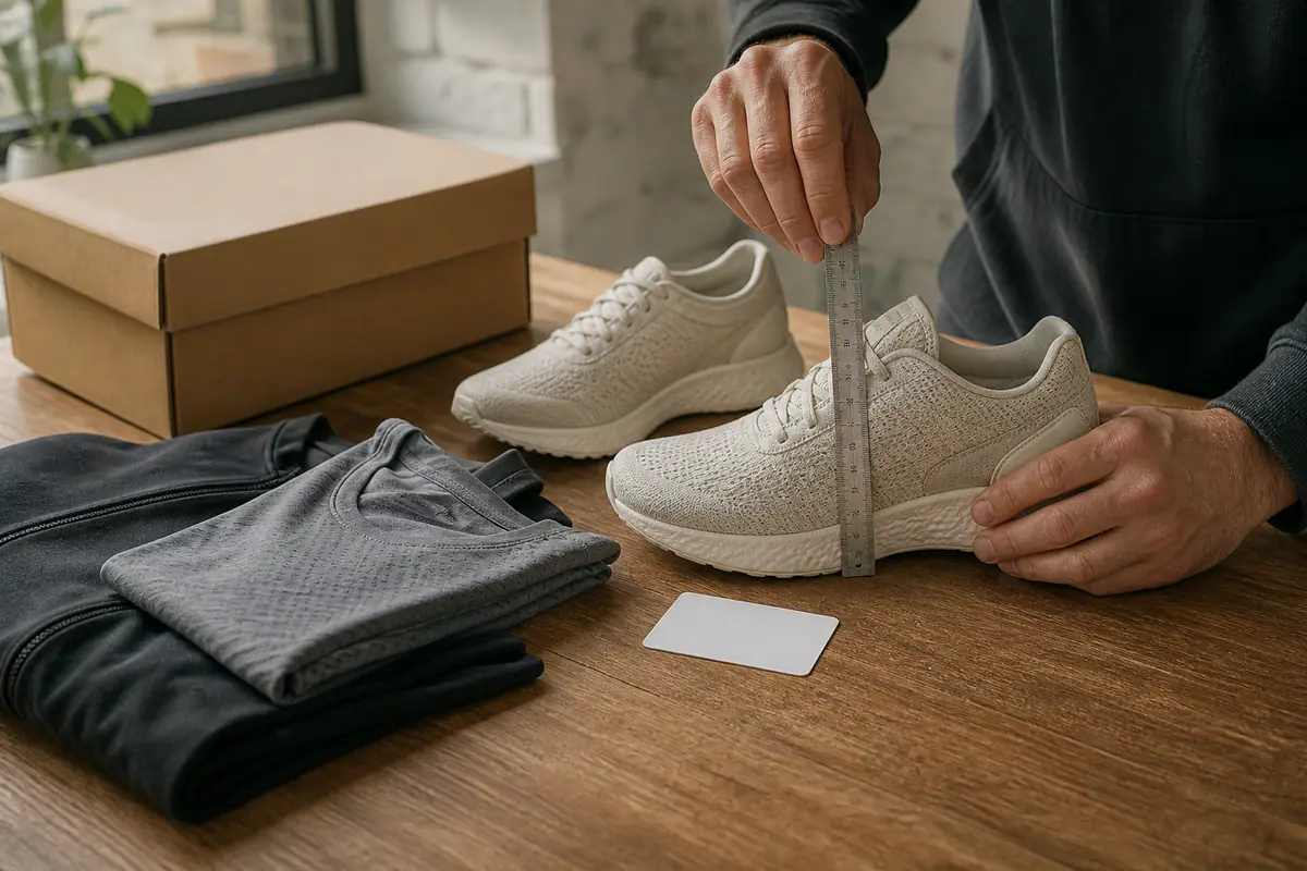 Adult hands measure fictional unbranded running trainers beside technical clothing