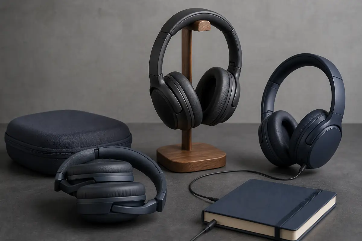 Fictional unbranded over-ear headphones on a quiet travel desk with a blank case