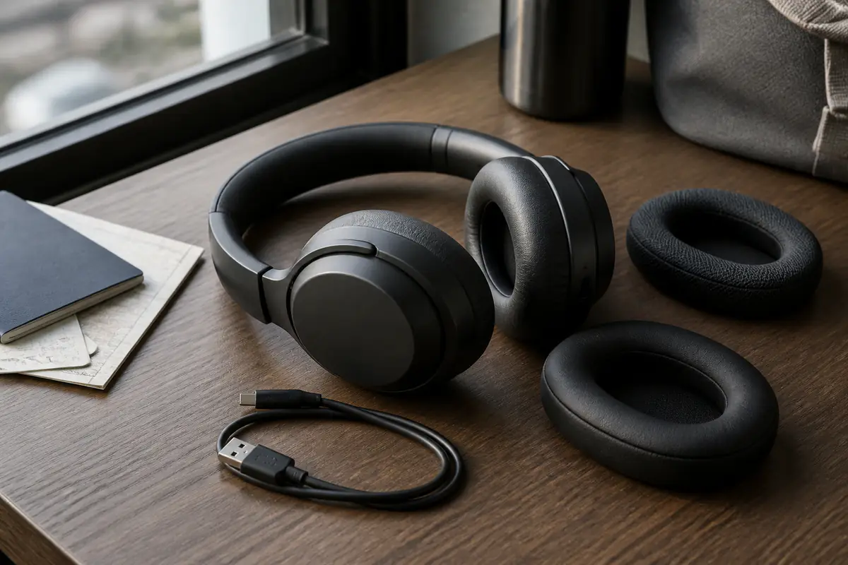 Fictional unbranded over-ear headphones, a travel case and replacement ear pads on a wooden desk