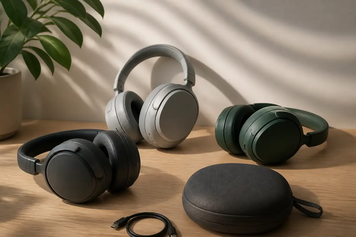 Fictional unbranded over-ear headphones in a travel setting with soft natural light