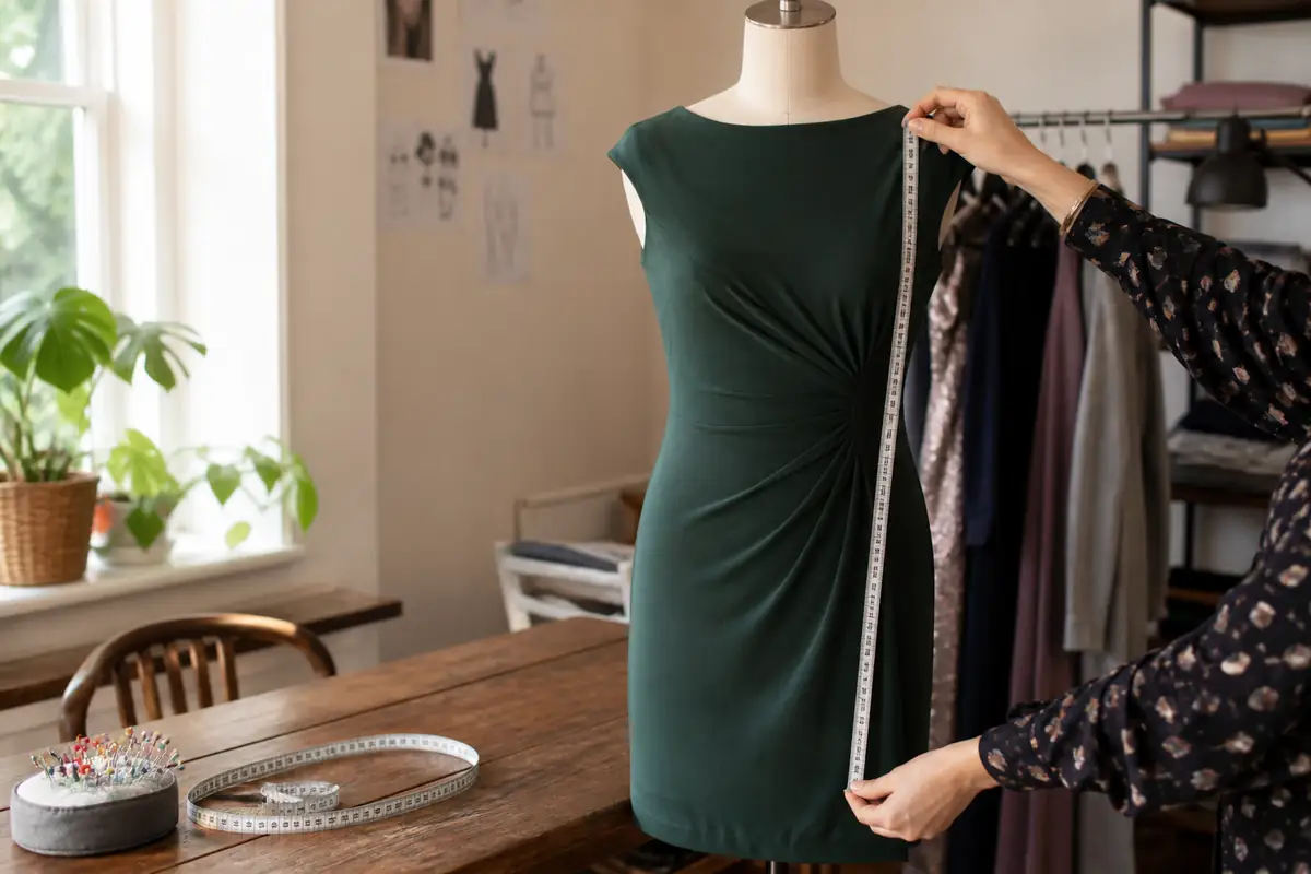 An adult measuring a plain green occasion dress on a dress form