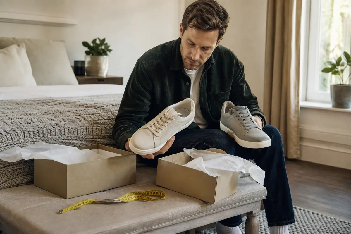 A shopper comparing two unbranded trainers beside plain boxes