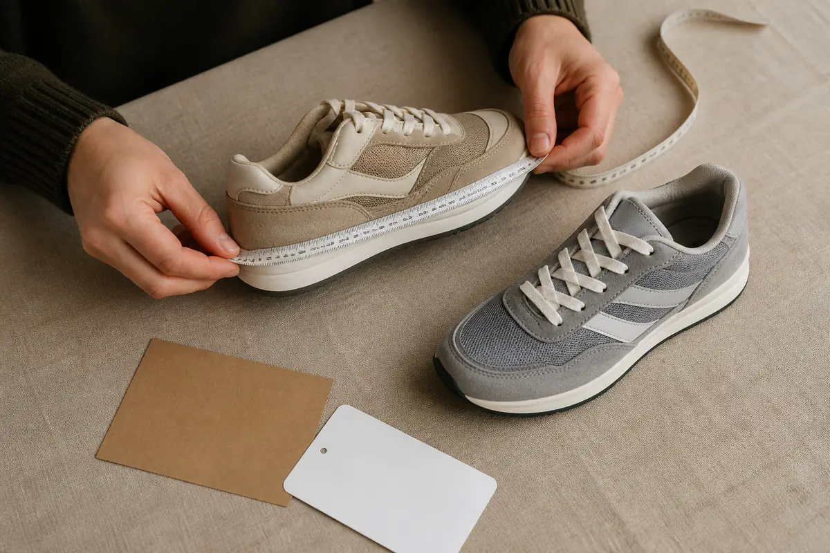 Adult hands inspect fictional unbranded trainers and plain shoe packaging