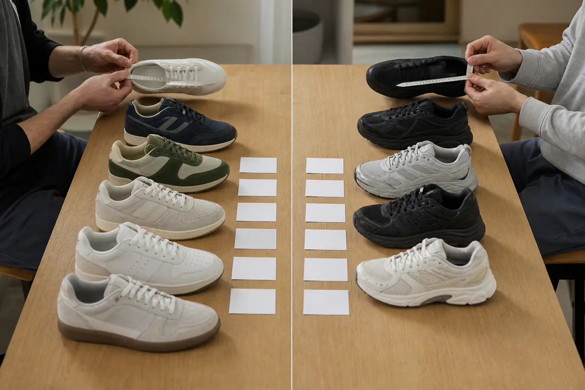 Two balanced fictional unbranded trainer buying routes compared side by side