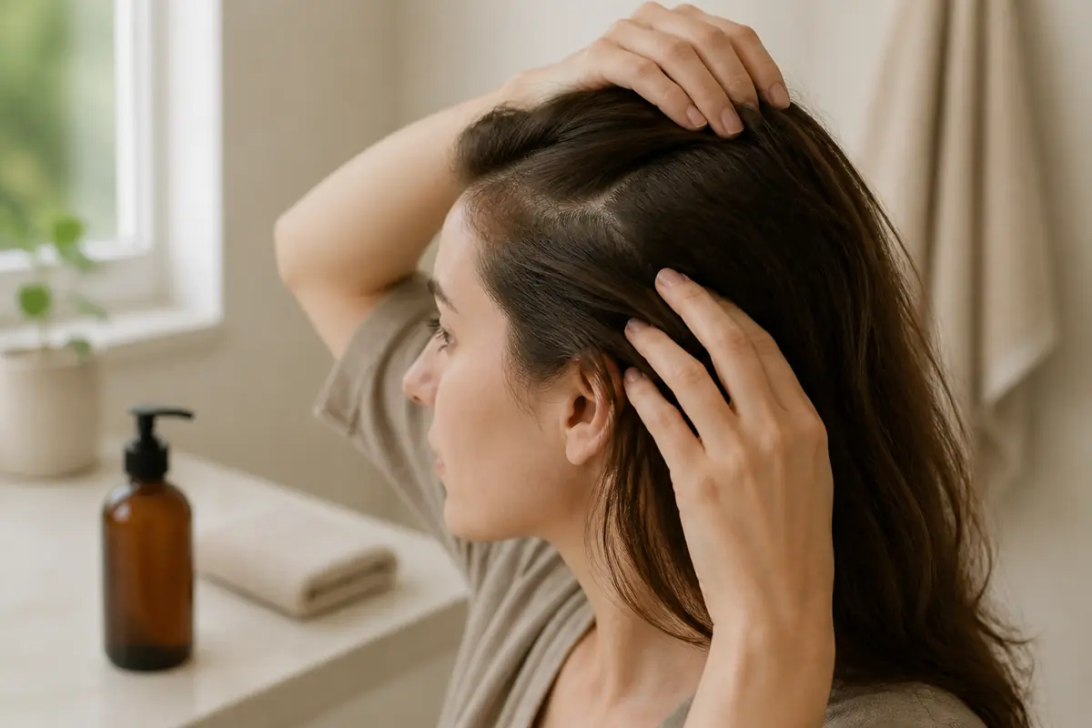An adult checking their scalp beside a plain unbranded shampoo bottle