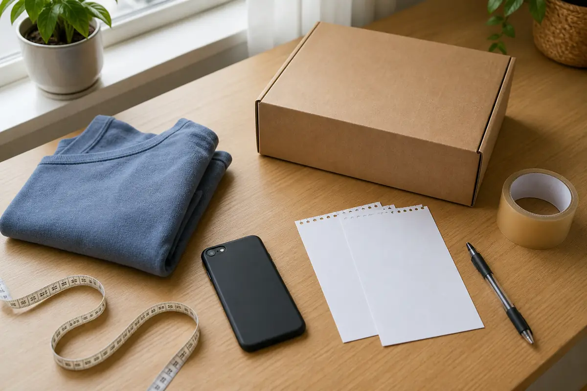 A plain parcel, folded garment, measuring tape, face-down phone and blank papers arranged as an online-return evidence record