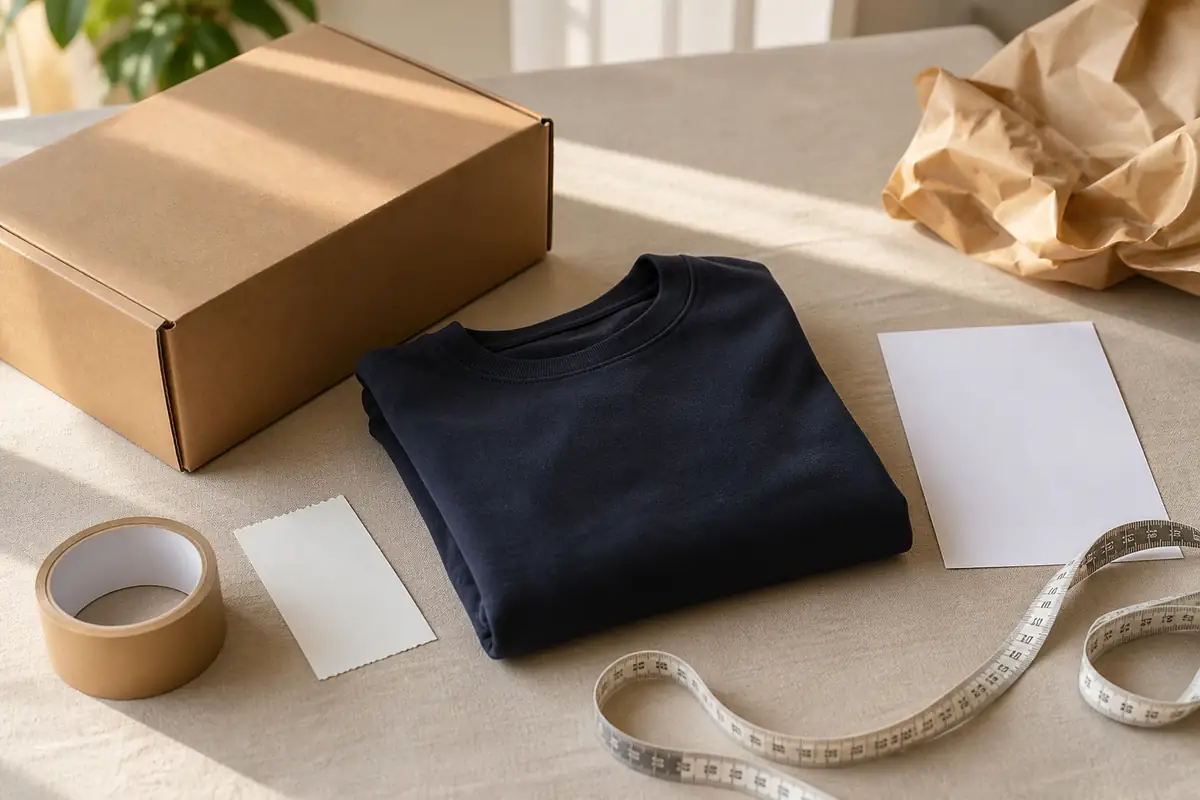 A careful unbranded parcel returns workspace with blank cards, tape and a simple calendar