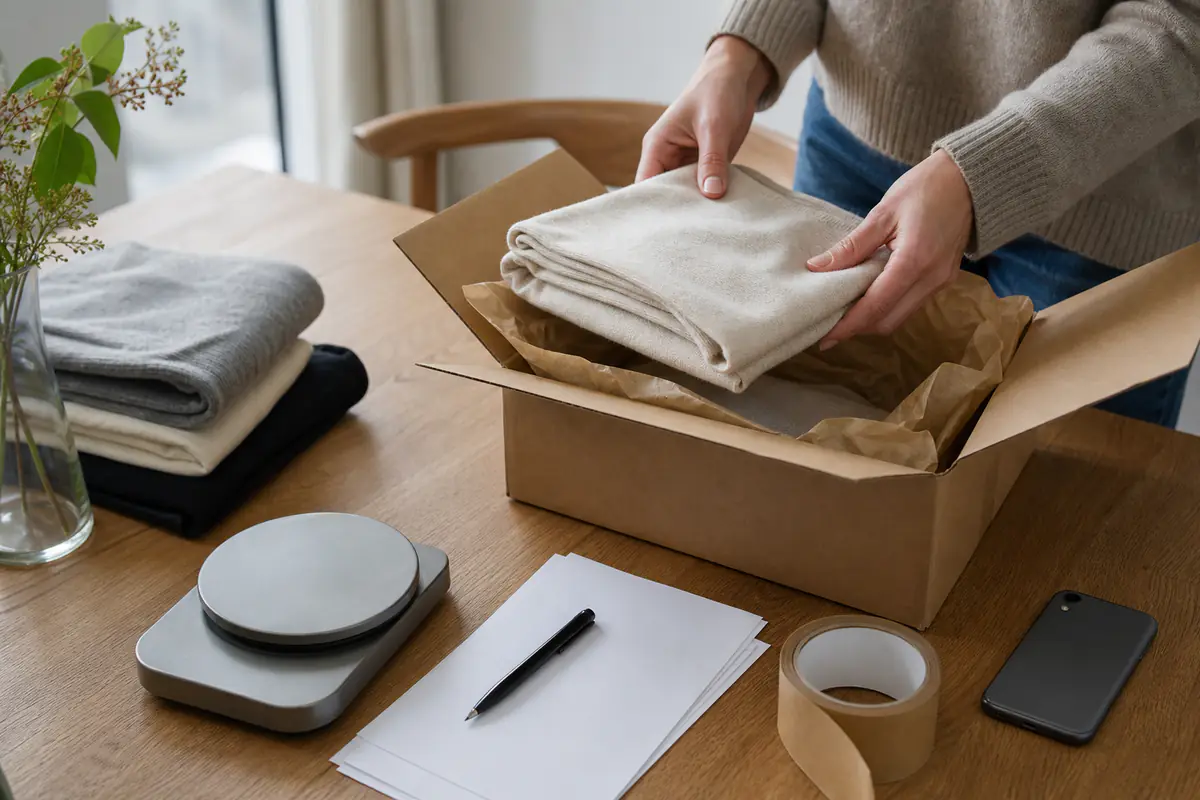 A generic return parcel, folded garment, blank paperwork and a phone arranged on a wooden table