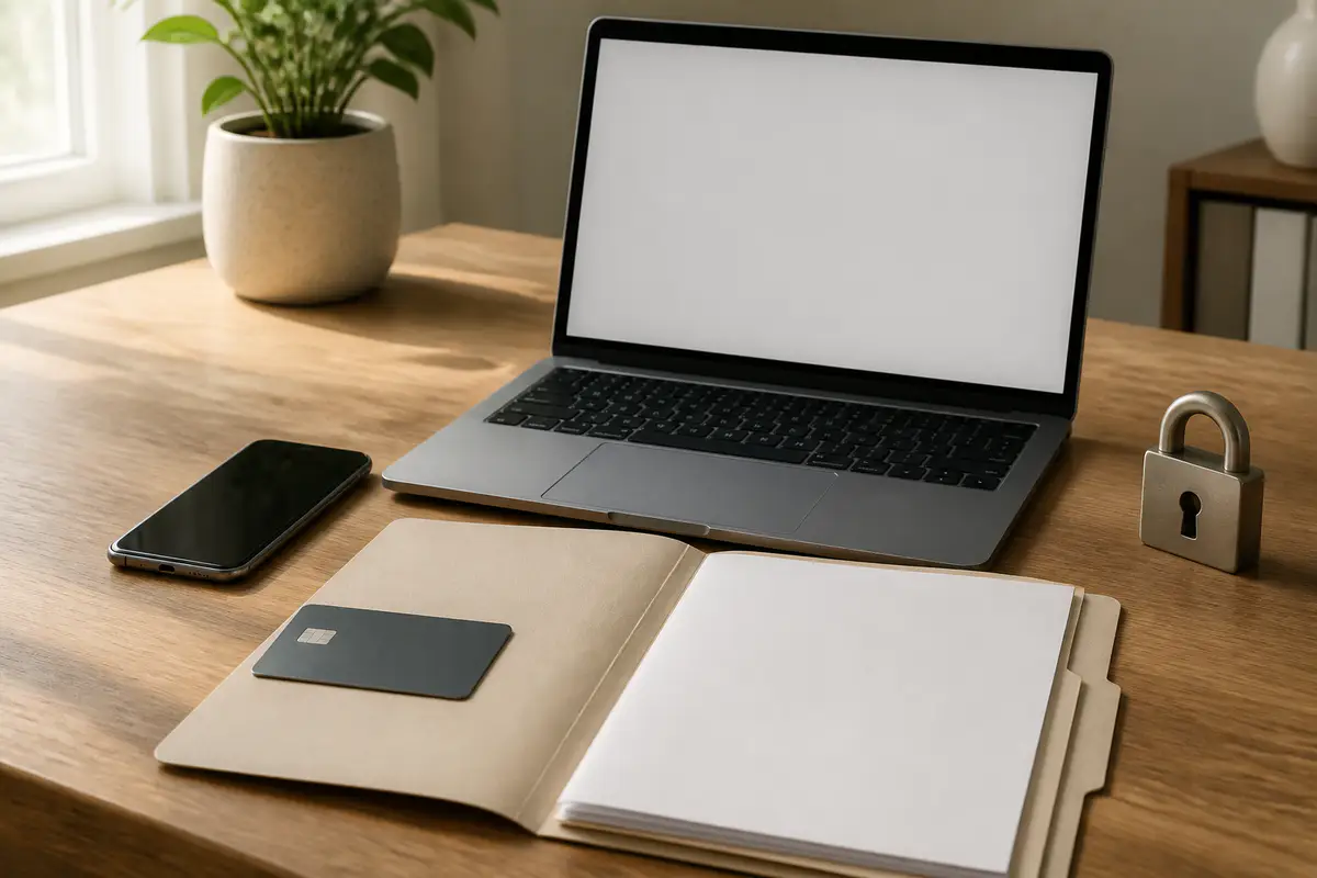 A blank laptop, payment card, phone and evidence folder on a secure desk