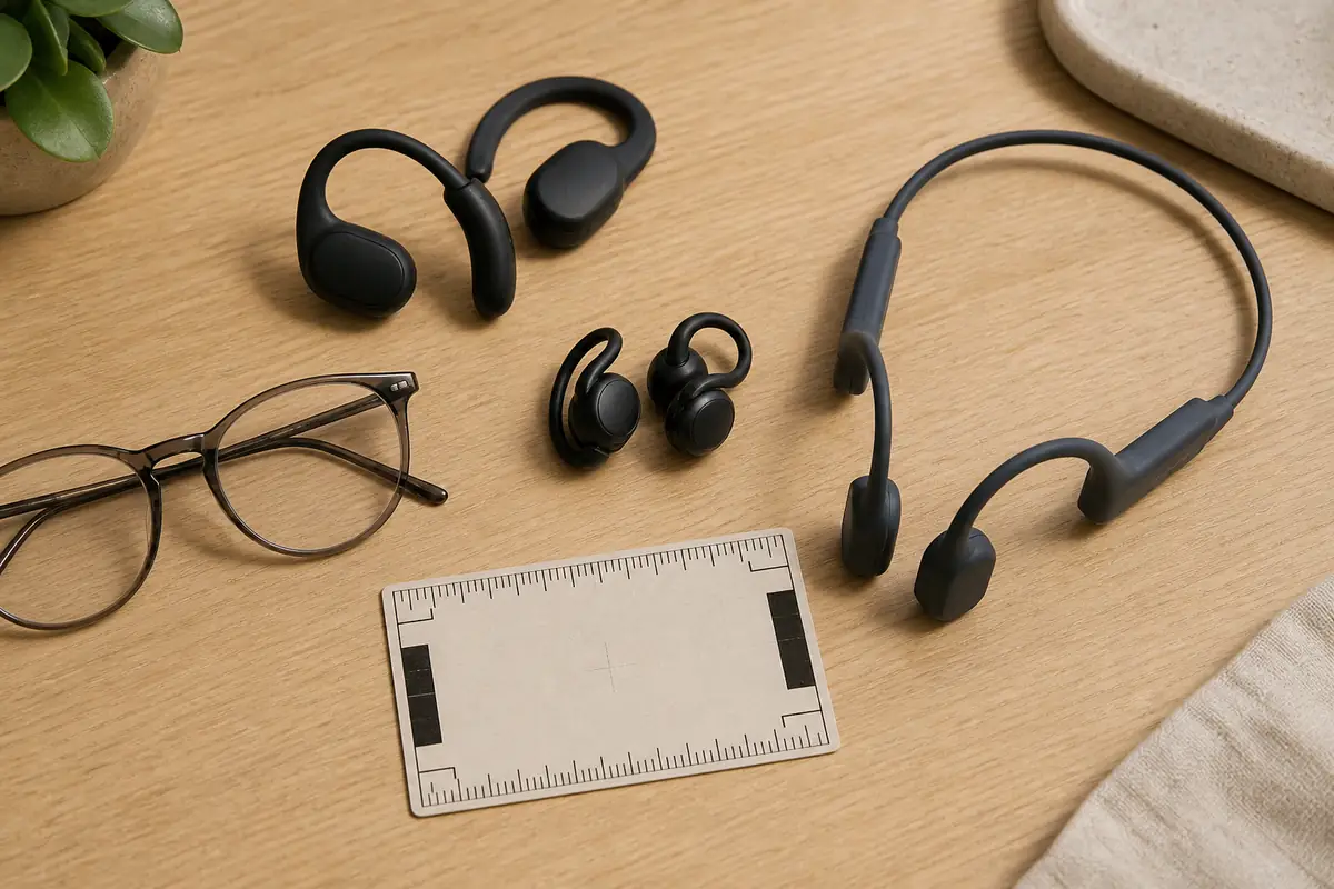 Three fictional unbranded open-ear headphone forms arranged on a neutral desk
