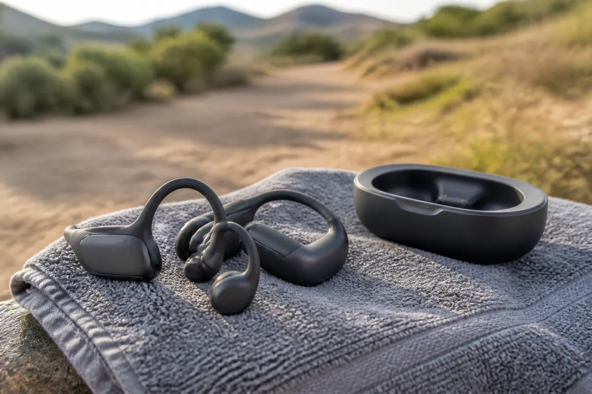 Fictional unbranded open-ear audio wearables and a plain charging cradle resting on a running towel beside a trail