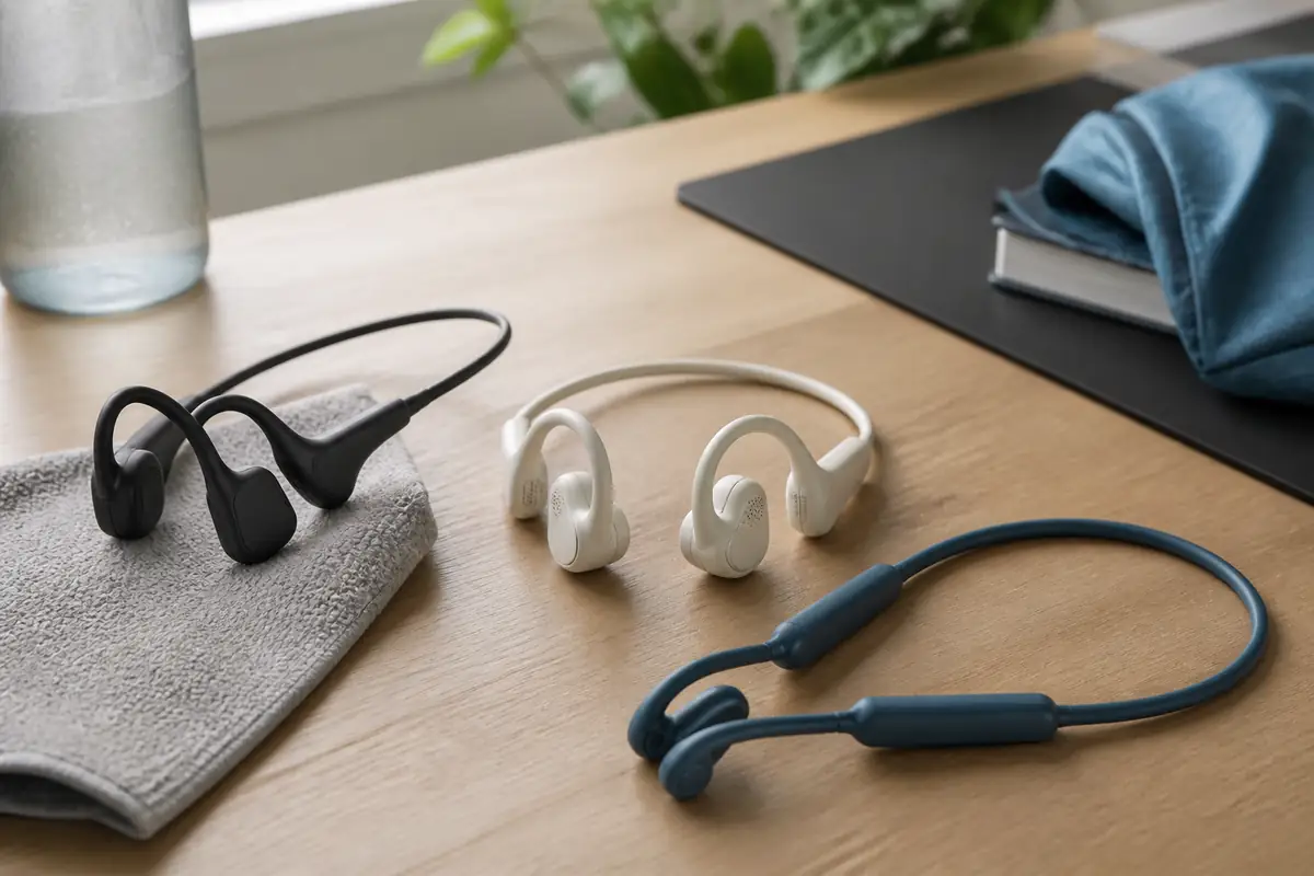 Three fictional unbranded open-ear headphone designs arranged on a clean neutral desk