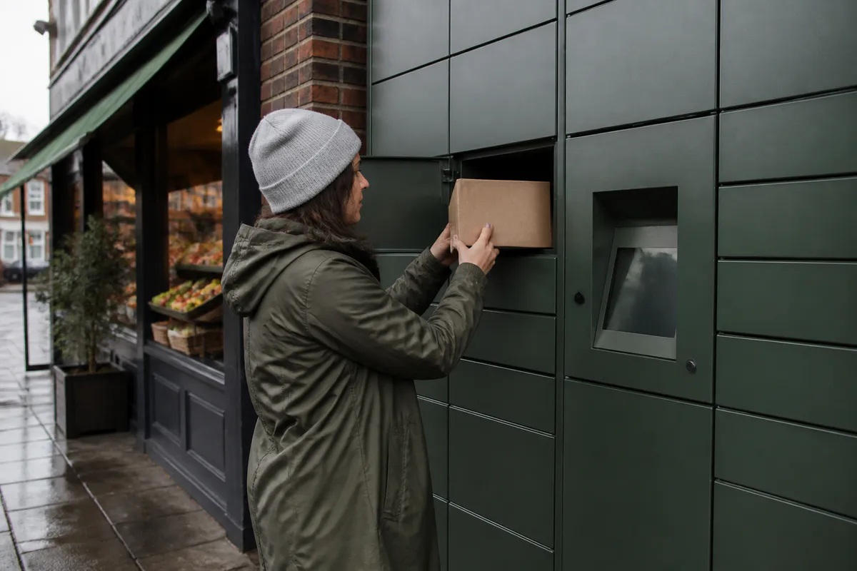 An adult collecting a plain unlabelled parcel from fictional unbranded green parcel lockers