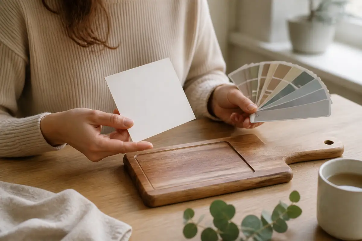 An adult comparing a blank proof card and colour swatches for a wooden gift