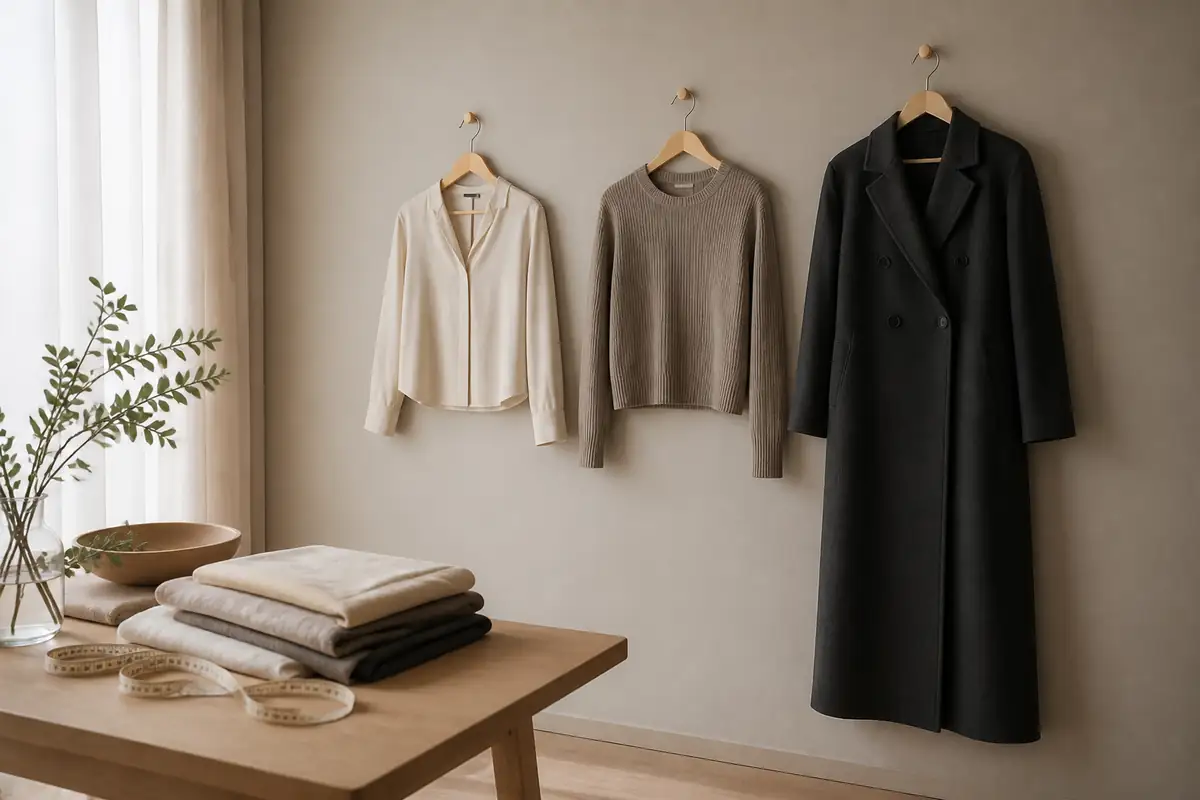 Three plain garments with different proportions beside a measuring tape
