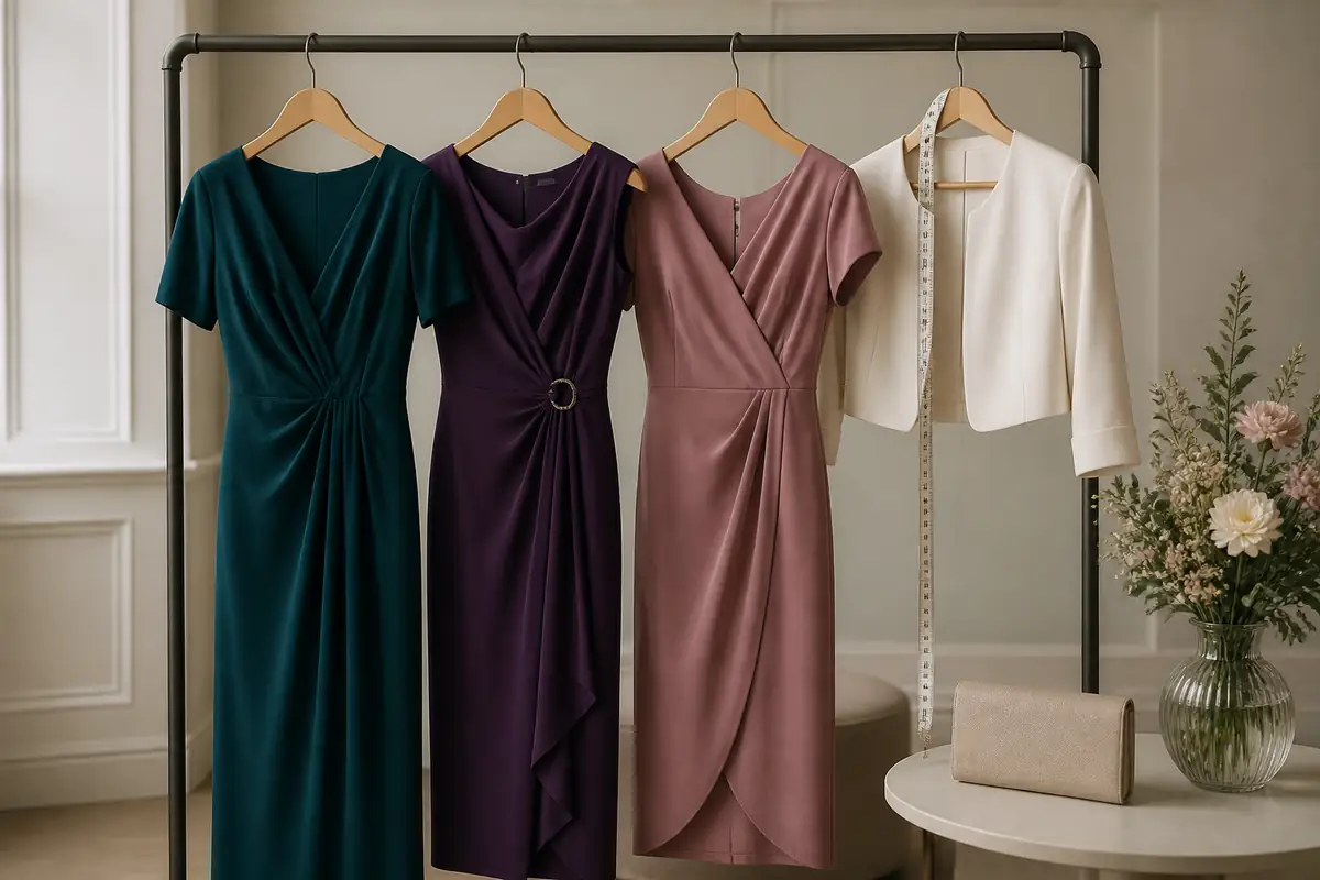 A fictional unbranded occasionwear rail with dresses and a jumpsuit in a refined neutral studio