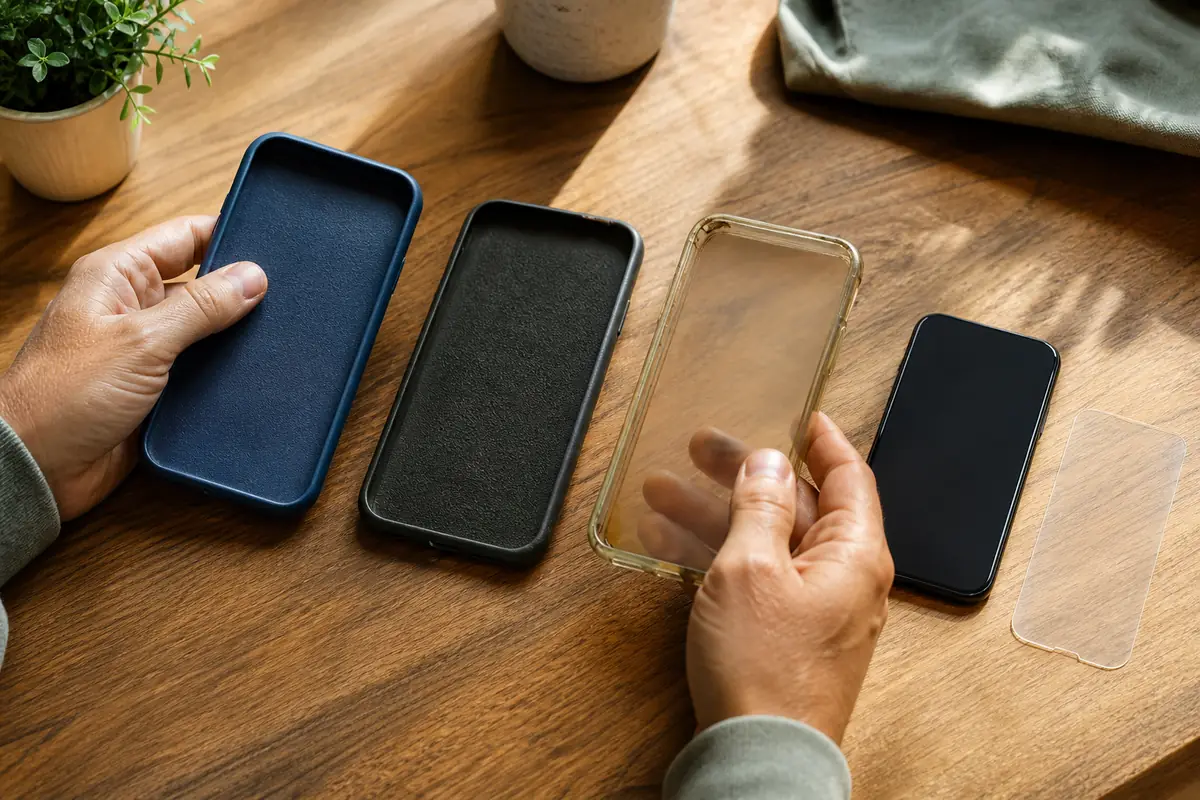 Adult hands comparing plain phone cases and a clear screen protector