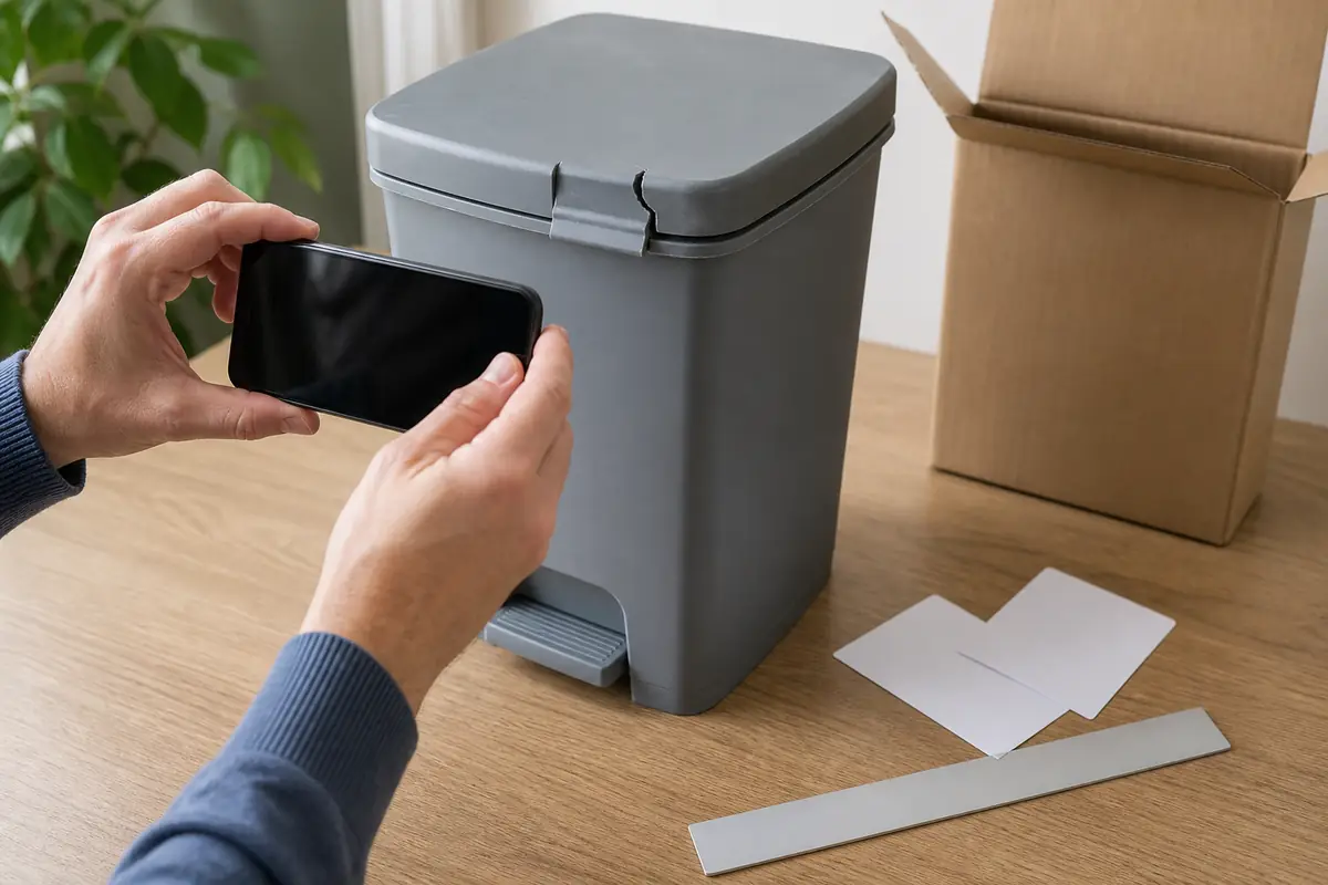 An adult photographing a small fault on a plain household object beside blank notes