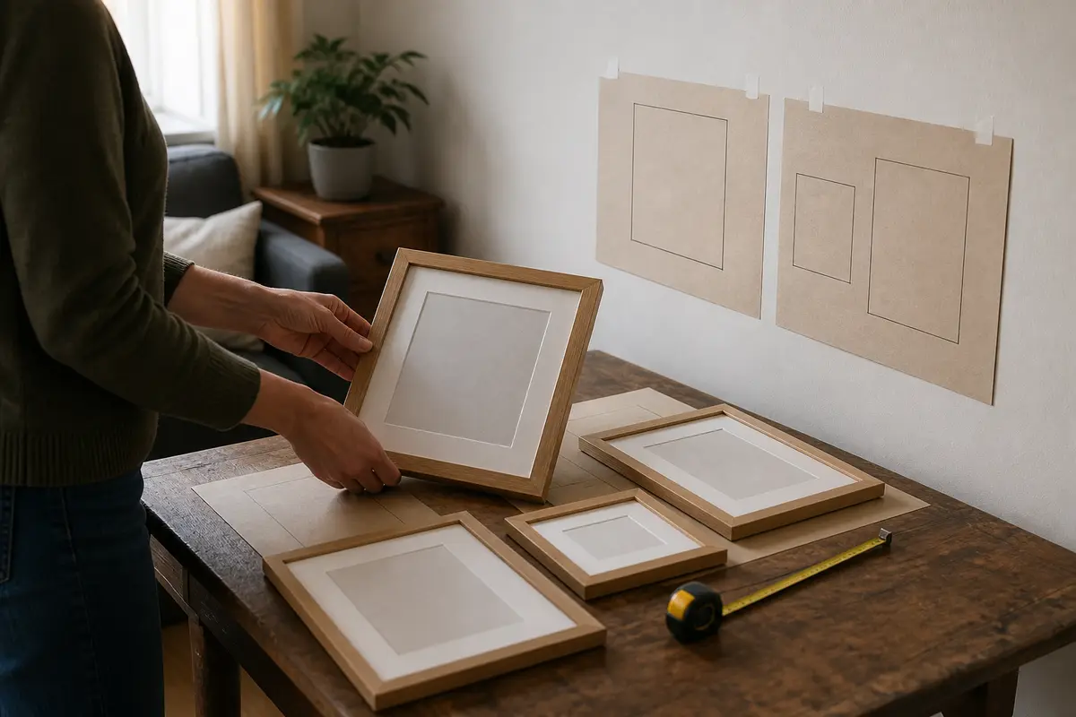 A shopper arranging unbranded wooden frames using paper wall templates