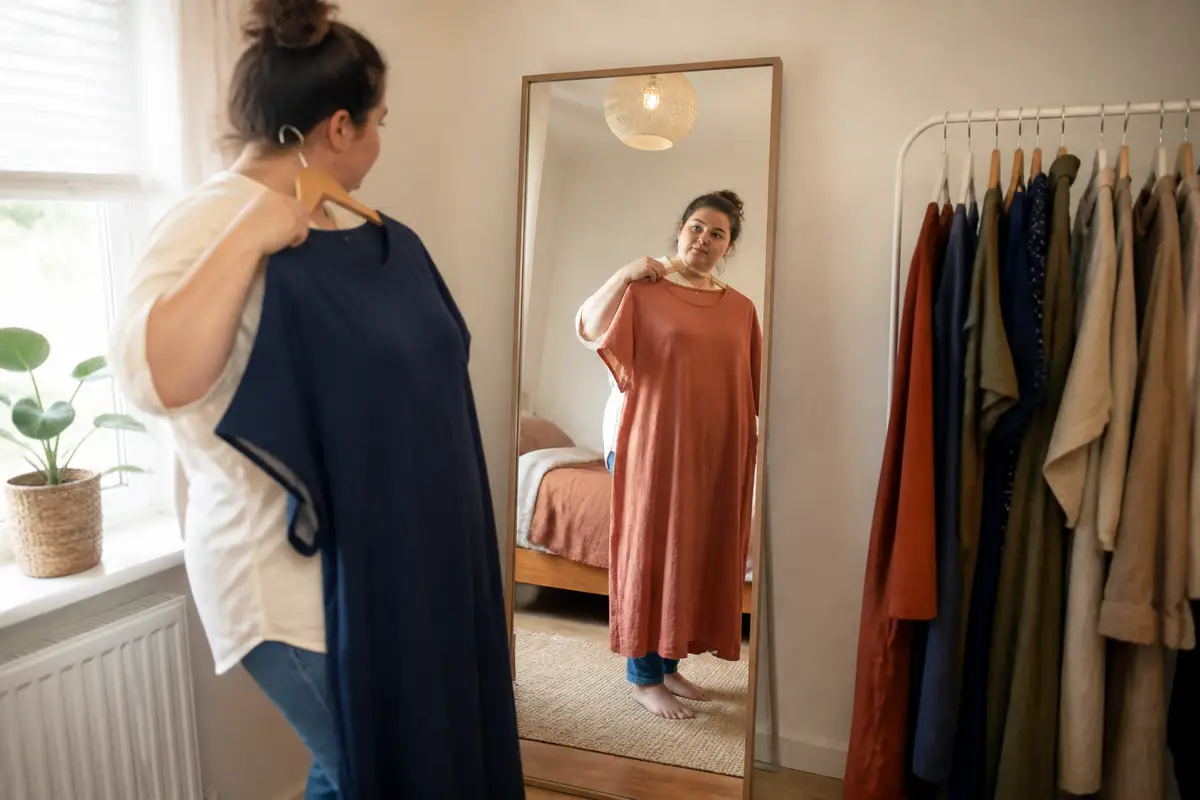 A plus-size adult comparing two unbranded garments at home