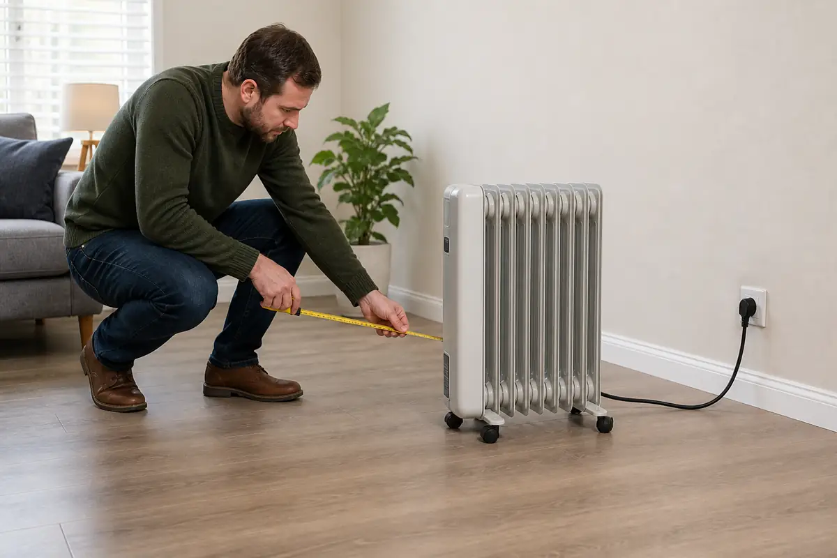 An adult checking safe clearance around a portable oil-filled heater
