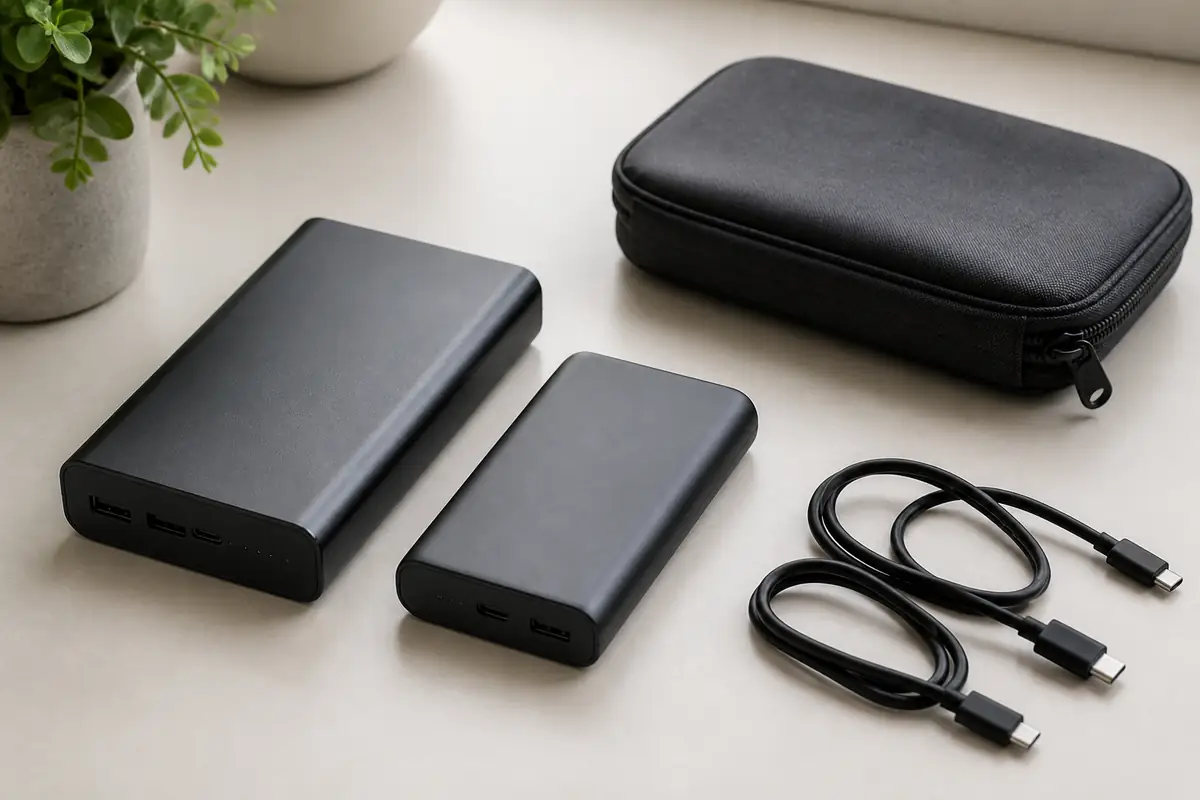 Plain unbranded power banks and cables arranged on a desk