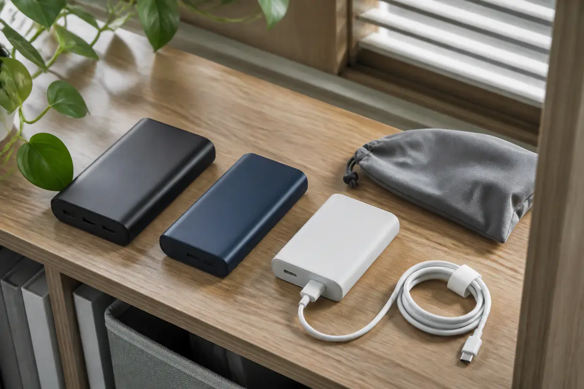 Three unbranded power banks with a plain USB-C cable and storage pouch