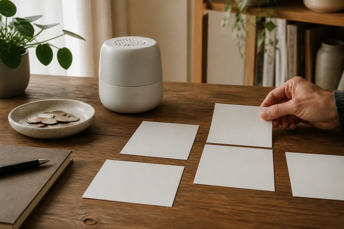 Blank planning cards, coins and a fictional unbranded object on a desk