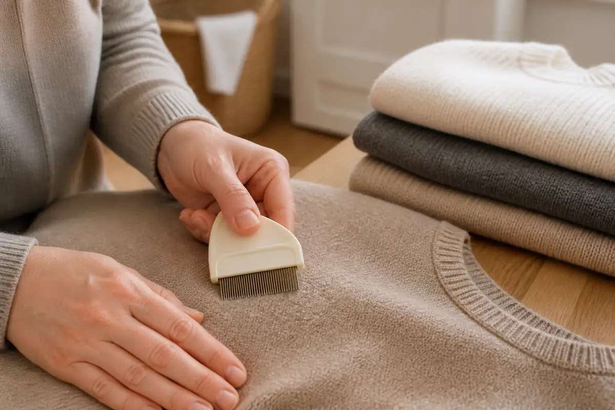 An adult gently combing the surface of a plain knit jumper