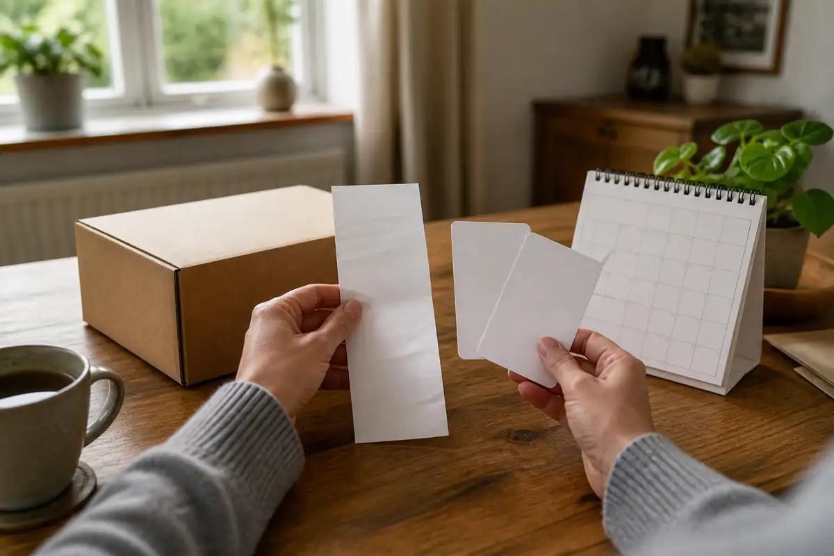 An adult comparing a blank receipt and price-history cards beside a plain parcel