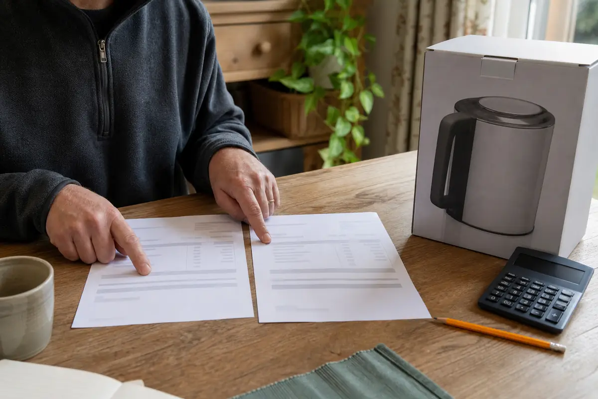 A shopper comparing two blank order summaries for an unbranded appliance