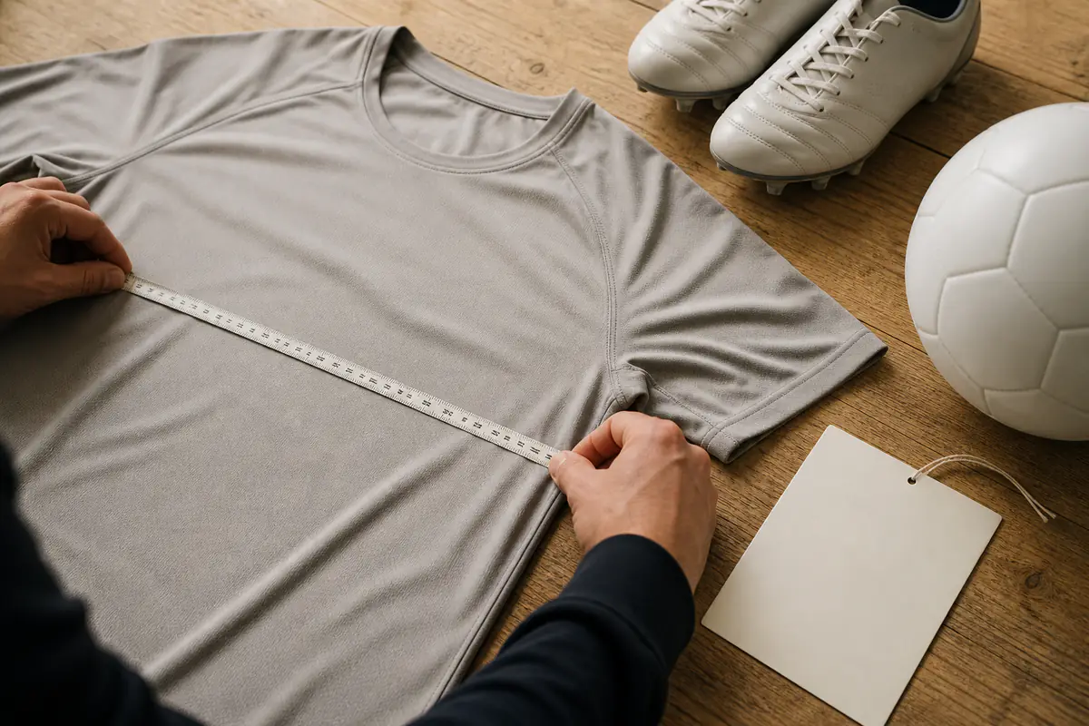 Adult hands measure fictional unbranded specialist sportswear beside boots and a plain ball