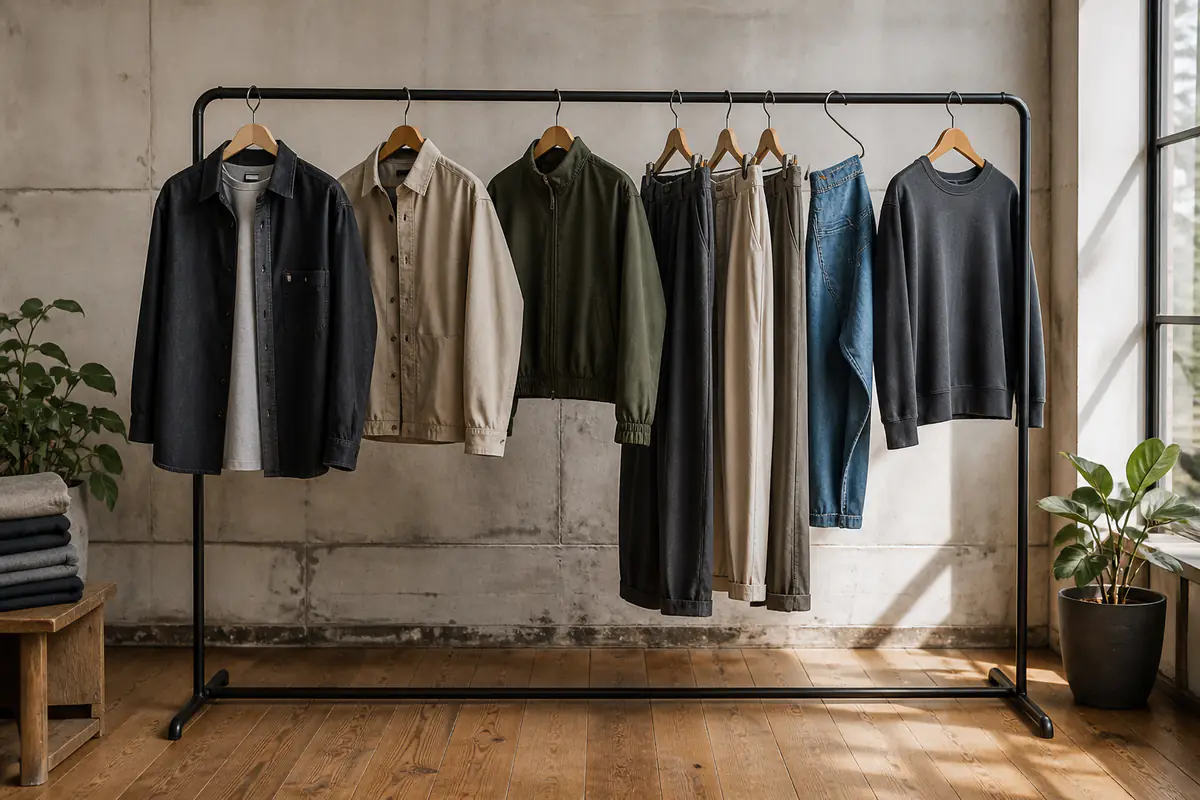 A fictional unbranded rail of relaxed streetwear, denim and casual layers in a bright studio
