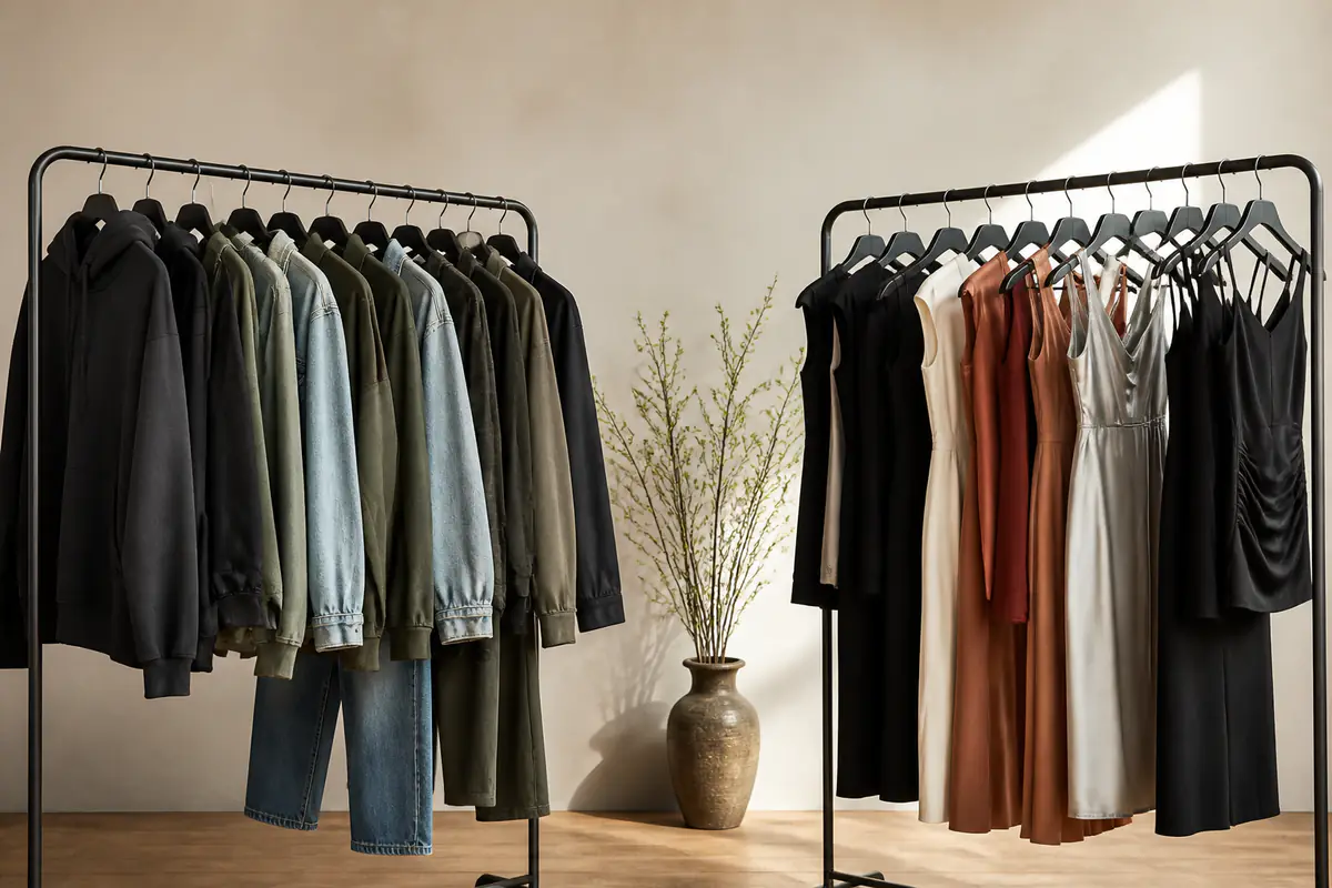Two equal fictional unbranded fashion rails comparing relaxed streetwear with sharper evening pieces